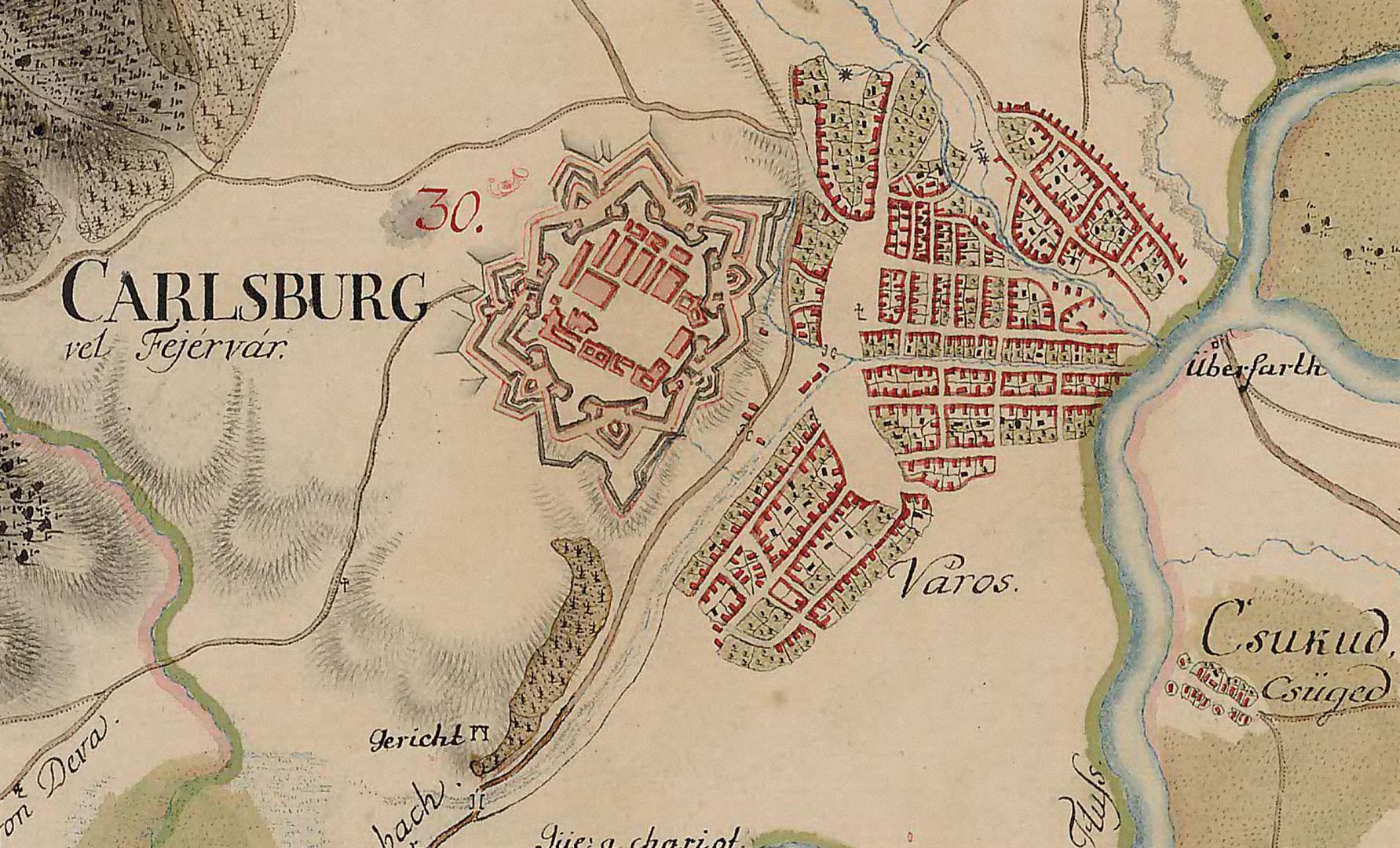 Alba Carolina redatǎ pe prima ridicare topograficǎ iosefină - Josephinische Landesaufnahme (1764 - 1785).