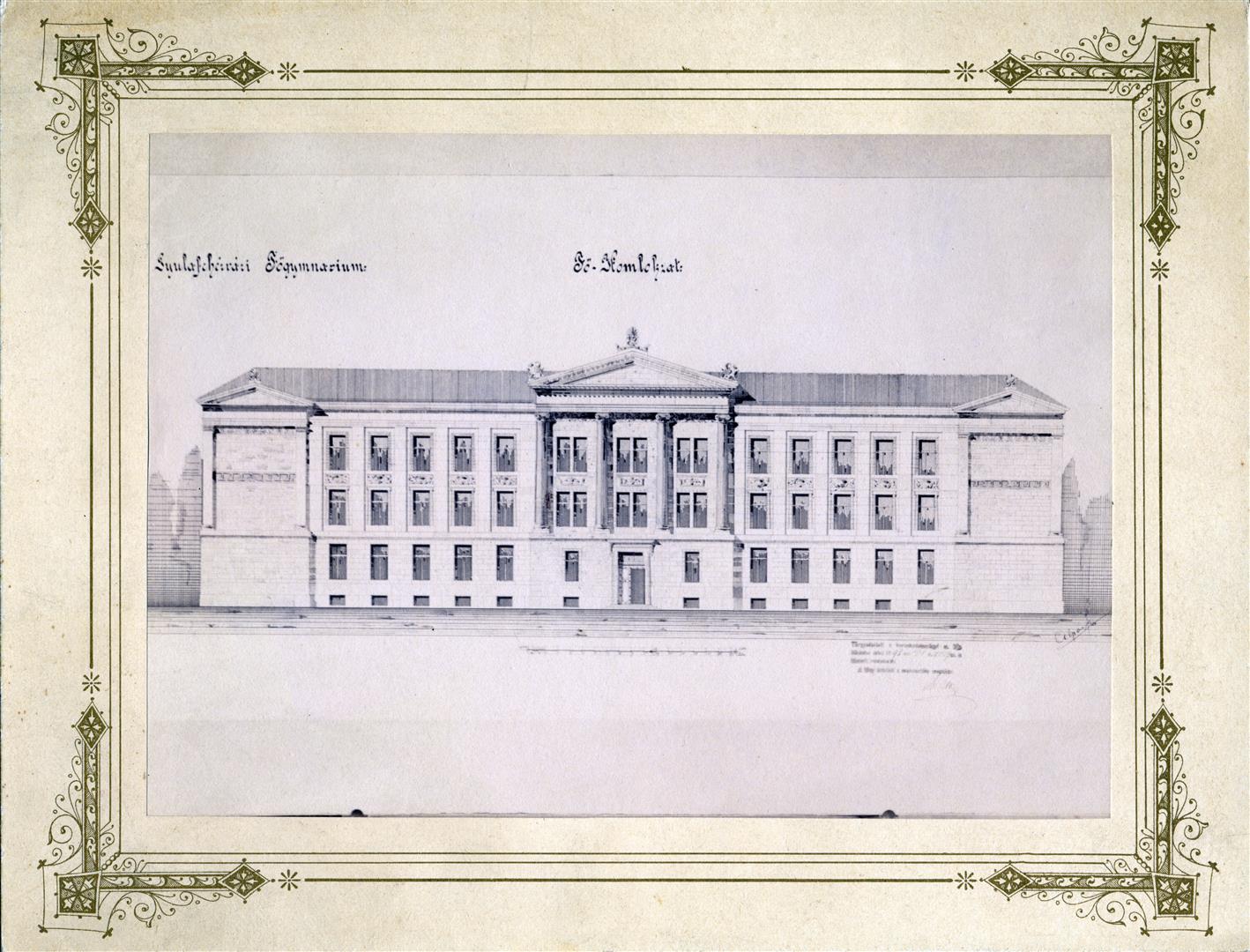 Proiectul Gimnaziului Superior Romano-Catolic: detaliu cu fațada edificiului (sf. sec. al XIX-lea). 