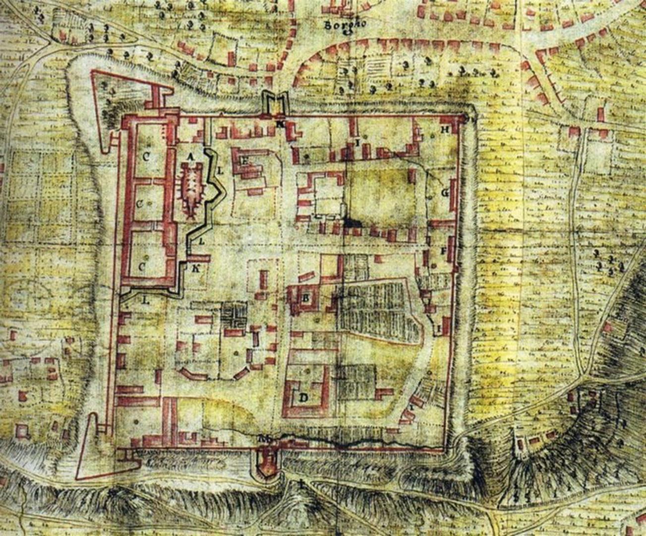Bastionul sașilor reprezentat în colțul de sud-est al cetății (stânga jos), pe harta lui Giovani Morando Visconti.