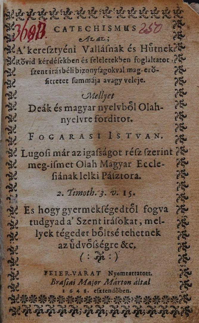 Catehismul calvinesc, Bălgrad [Alba Iulia], 1648. Foaie de titlu.