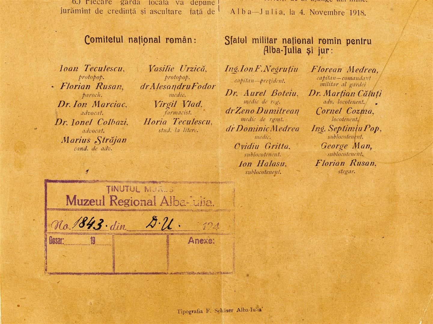 Manifest din noiembrie 1918, cuprinzând listele membrilor Consiliului Național Român din Alba Iulia și ai Sfatului Militar Național Român pentru Alba Iulia și Jur.